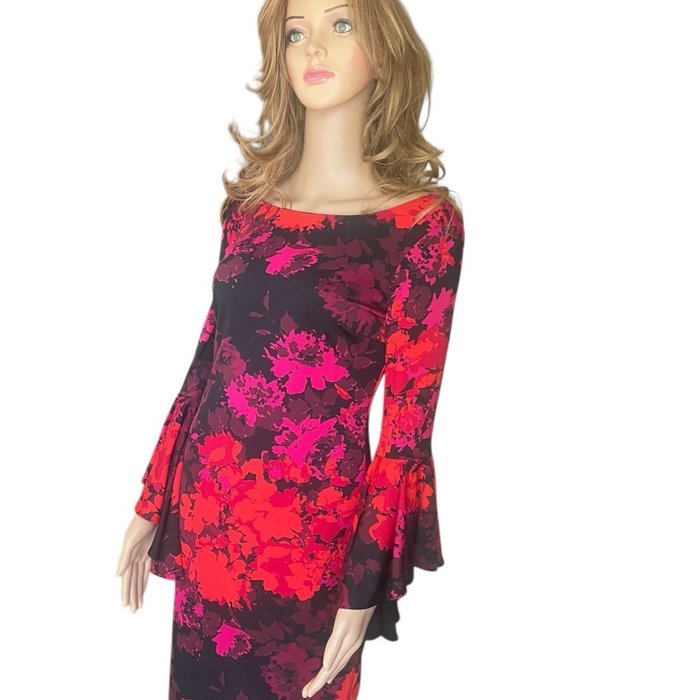 FRANK LYMAN design red/black Floral Bell-Sleeve
Sheath Dress dress size 4 - Picture 5 of 13